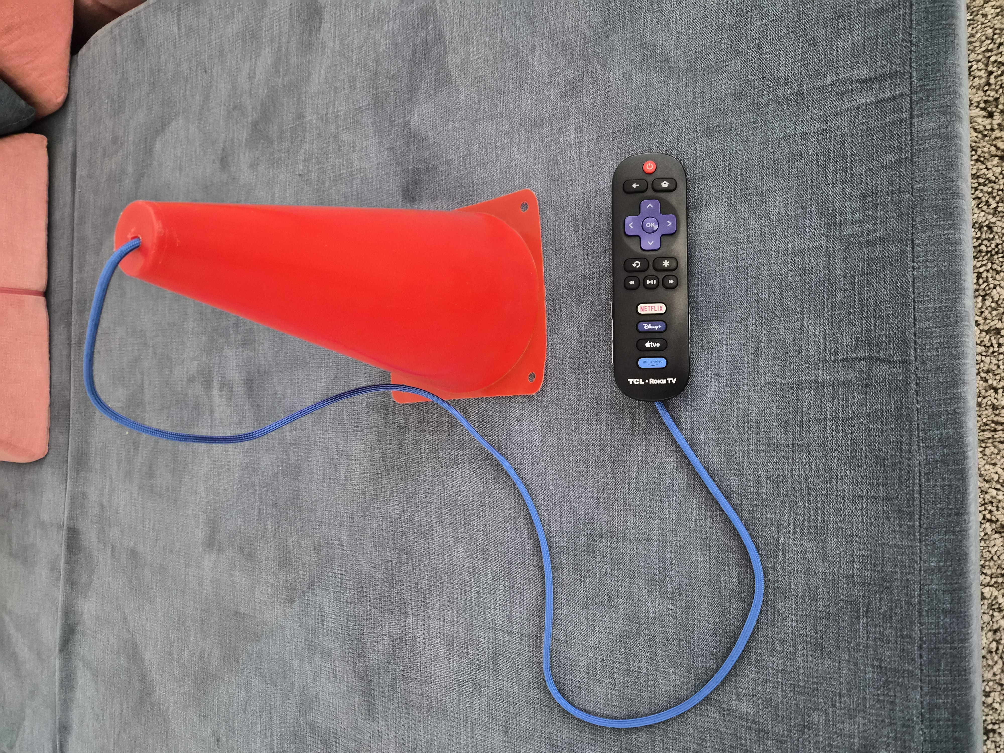 Prototype: safety cone tethered to Roku remote with 550 paracord